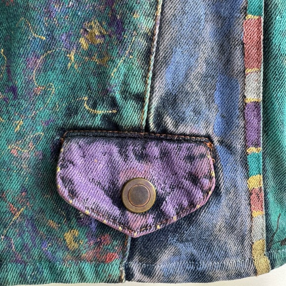 Vintage 1980s Hand Painted Denim Purple & Teal Women's Crop Jean Jacket - Picture 5 of 17